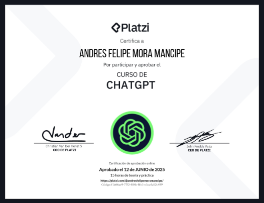 Certificado Inteligencia Artificial y ChatGPT en Proyectos – Platzi 2025